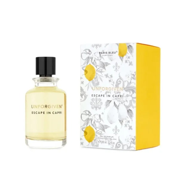 Parfum UNFORGIVEN ESCAPE IN CAPRI à côté de son emballage jaune et décoré de motifs floraux et d’agrumes.