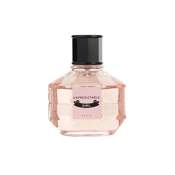 Parfum “UNPREDICTABLE GIRL PARIS” avec flacon rose et capuchon noir.