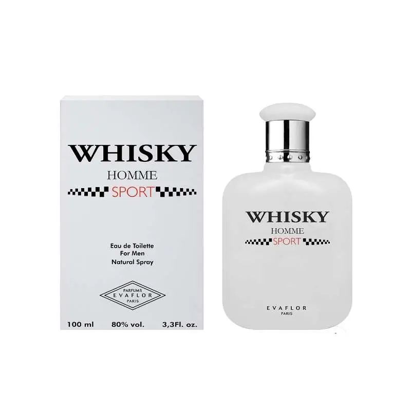 Flacon et boîte de Whisky Homme Sport Eau de Toilette pour hommes, 100 ml, 80% vol, par Evaflor Paris, avec design sportif.