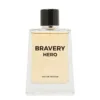 Flacon de parfum BRAVERY HERO pour homme, 100 ml, avec un liquide jaune et un capuchon noir.