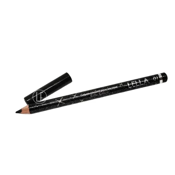 Crayon yeux pailleté LELLA, noir scintillant avec capuchon détaché, idéal pour un maquillage glamour.