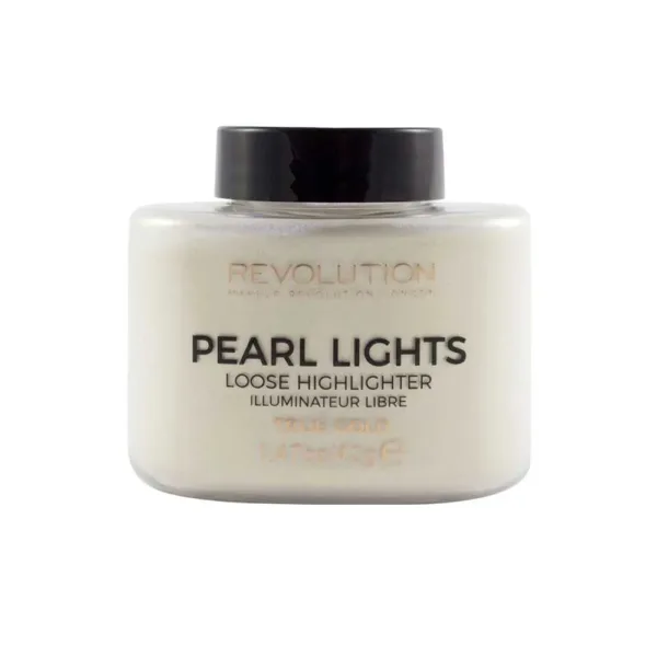 Poudre libre illuminatrice Revolution "True Gold Pearl Lights" dans un pot transparent avec couvercle noir, 1.47oz/42g.