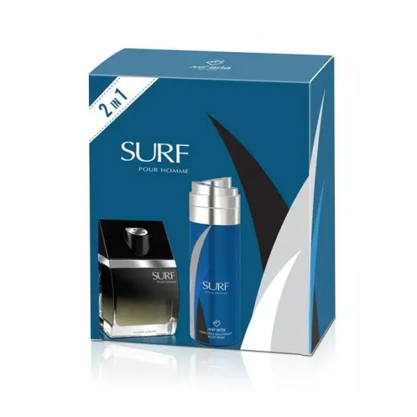 Coffret SURF pour homme avec parfum et déodorant, dans un emballage bleu élégant.