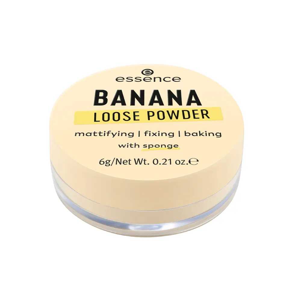 Poudre libre Essence "Banana Loose Powder" pour matifier, fixer et cuire le maquillage, avec éponge incluse, 6g/0.21 oz.