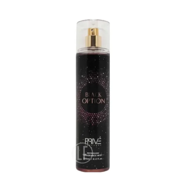 Flacon de brume parfumée BLACK OPTION PRIVÉ avec vaporisateur doré.