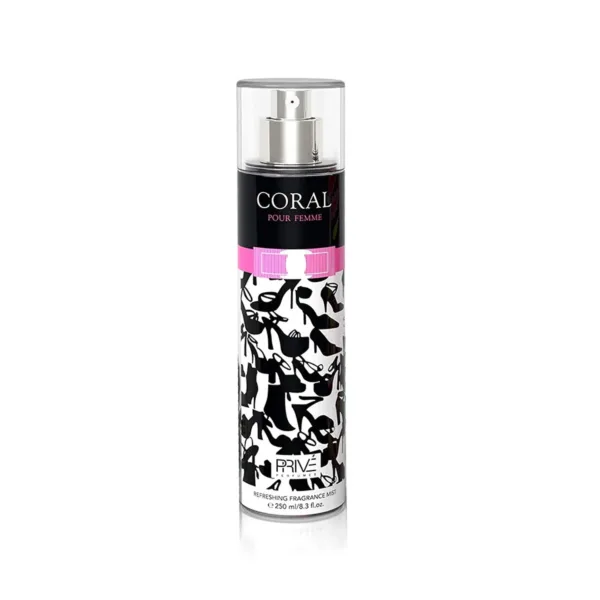 Flacon de brume corporelle CORAL pour femme, 250 ml, avec silhouettes féminines et bande rose.