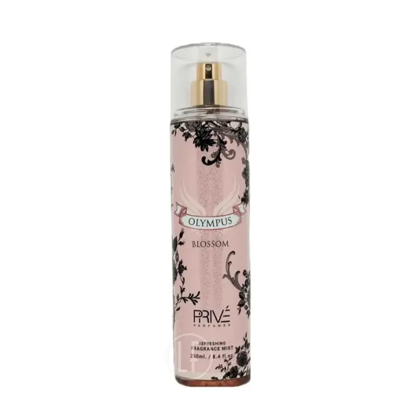 Flacon de brume parfumée OLYMPUS BLOSSOM PRIVÉ, liquide rose, motifs noirs.