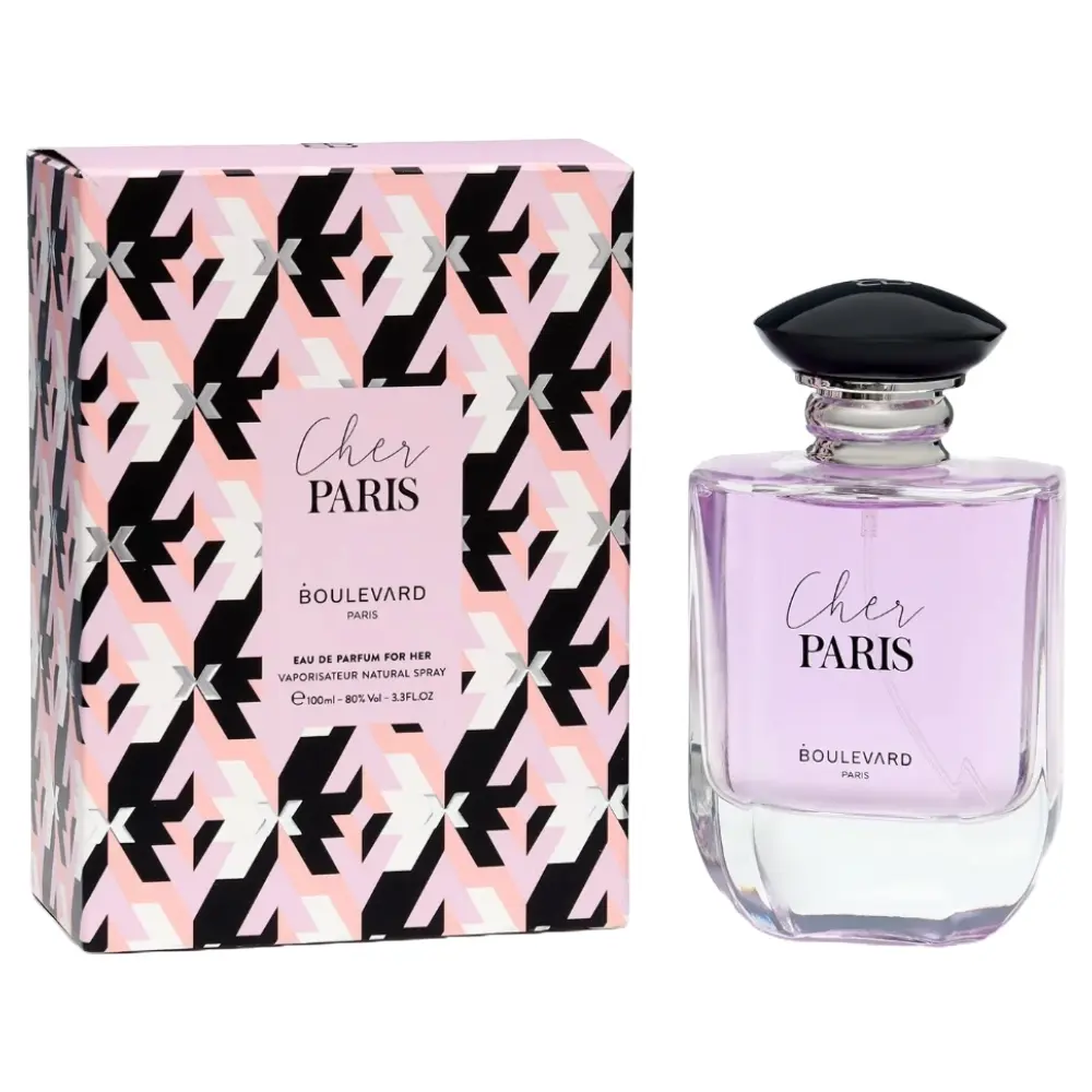 Flacon et emballage de parfum Cher Paris Boulevard pour femme.