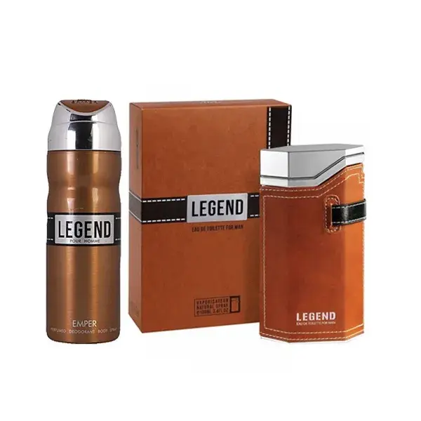 Coffret LEGEND pour homme avec flacon métallique, boîte carrée marron et étui assorti, évoquant luxe et sophistication.