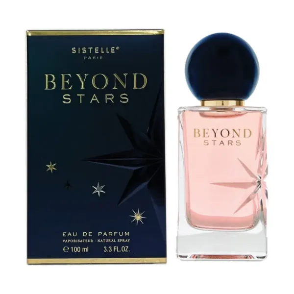 Flacon de parfum “BEYOND STARS” SISTELLE PARIS, rose pâle avec bouchon bleu, emballage bleu marine étoilé.