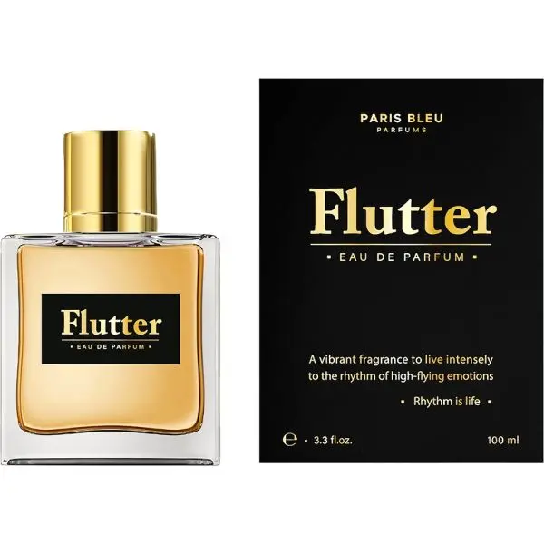 Parfum Paris Bleu Flutter EDP pour Homme 100ml avec bouteille carrée et capuchon doré.