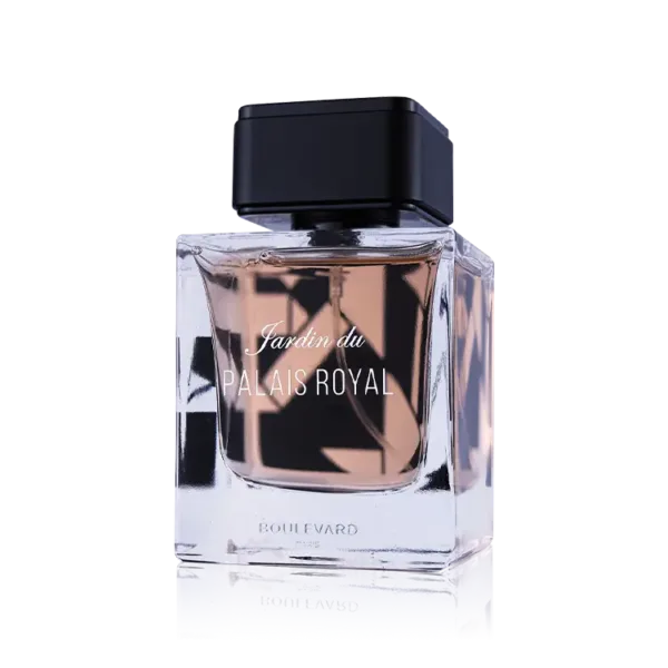 Parfum “Jardin du Palais Royal”, flacon carré 100ml, capuchon noir, liquide ambré.