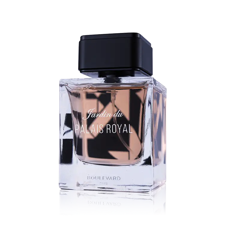 Parfum “Jardin du Palais Royal”, flacon carré 100ml, capuchon noir, liquide ambré.