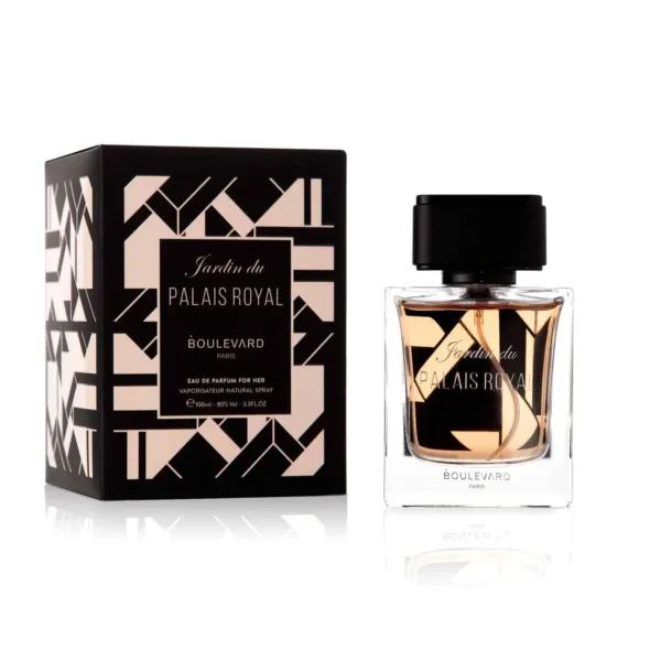 Parfum Jardin du Palais Royal 100ml, flacon transparent avec étiquette dorée, emballage noir et rose.