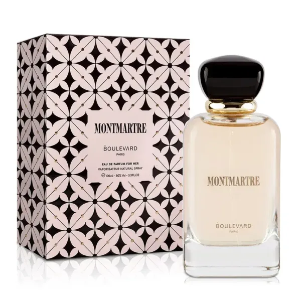 Flacon de parfum Montmartre Boulevard pour femme avec emballage à motif floral géométrique noir et rose.