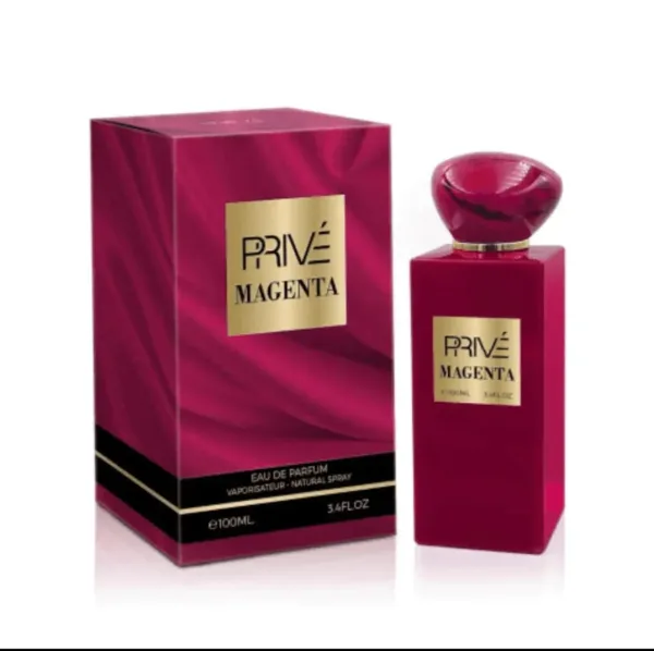 Flacon de parfum PRIVE MAGENTA pour femme, couleur magenta intense et bouchon sphérique.