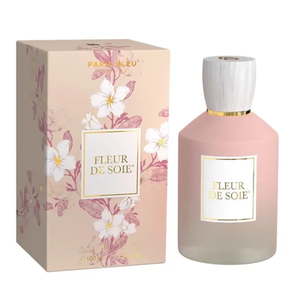 Parfum FLEUR DE SOIE, flacon rose pâle et boîte florale.