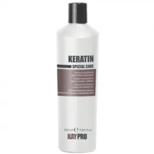 Kaypro keratin Le shampooing restructurant de Kaypro est sans sulfates et enrichi à la kératine. Il convient aux cheveux traités et abîmés.