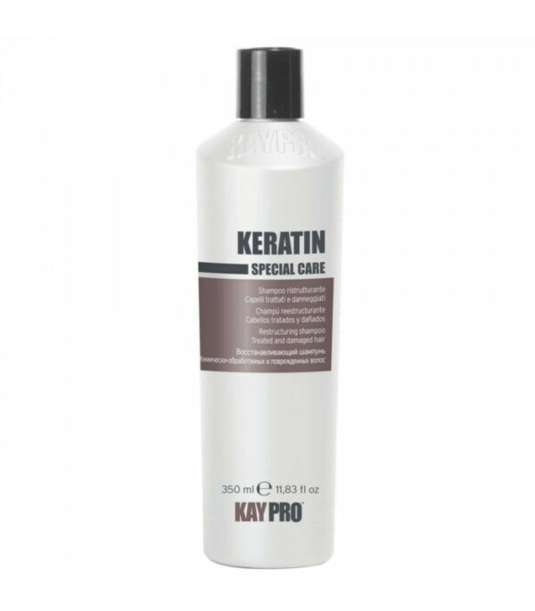 Kaypro keratin Le shampooing restructurant de Kaypro est sans sulfates et enrichi à la kératine. Il convient aux cheveux traités et abîmés.