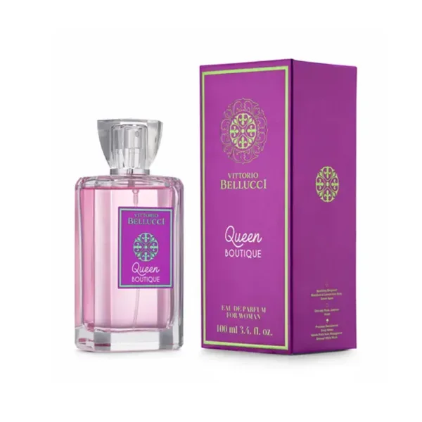 Parfum Vittorio Bellucci Queen Boutique 100ml pour femme avec flacon transparent et emballage violet orné.