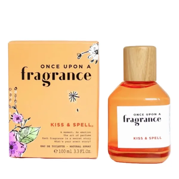 Parfum KISS AND SPELL pour femme, flacon et emballage orange avec motifs floraux.