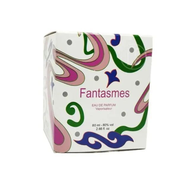 Boîte de parfum Fantasmes avec motifs abstraits colorés.