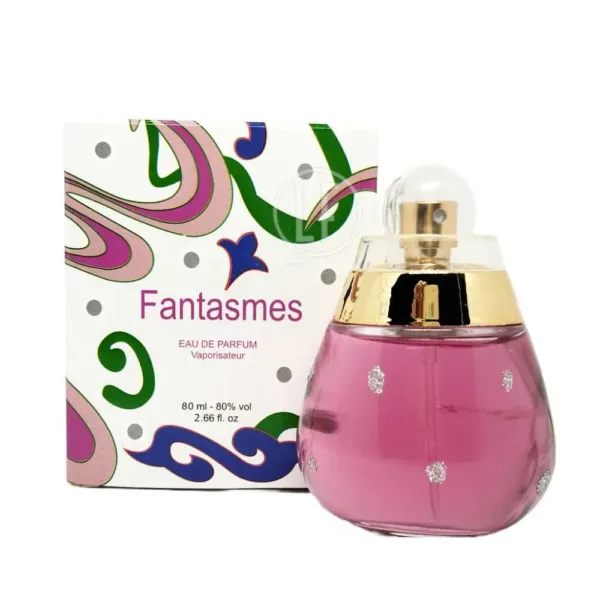 Flacon de parfum “Fantasmes” pour femme, 80 ml, avec emballage aux motifs colorés.