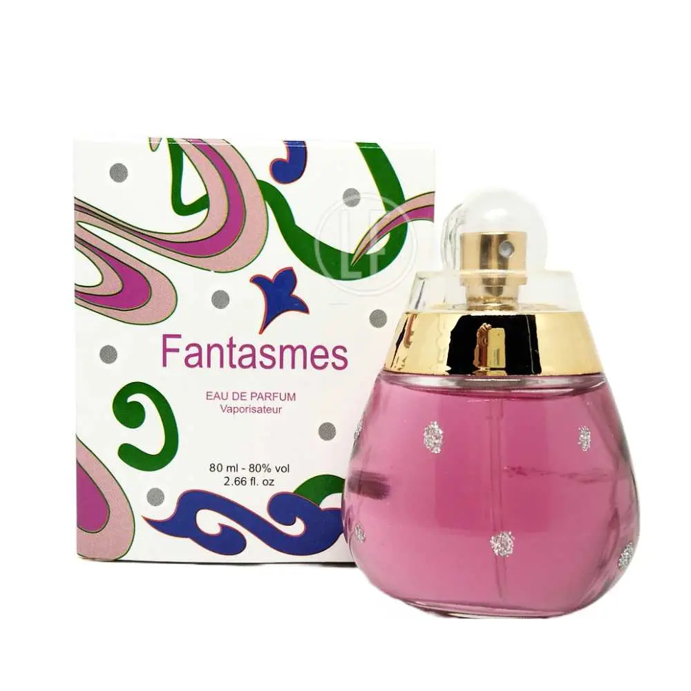 Flacon de parfum “Fantasmes” pour femme, 80 ml, avec emballage aux motifs colorés.