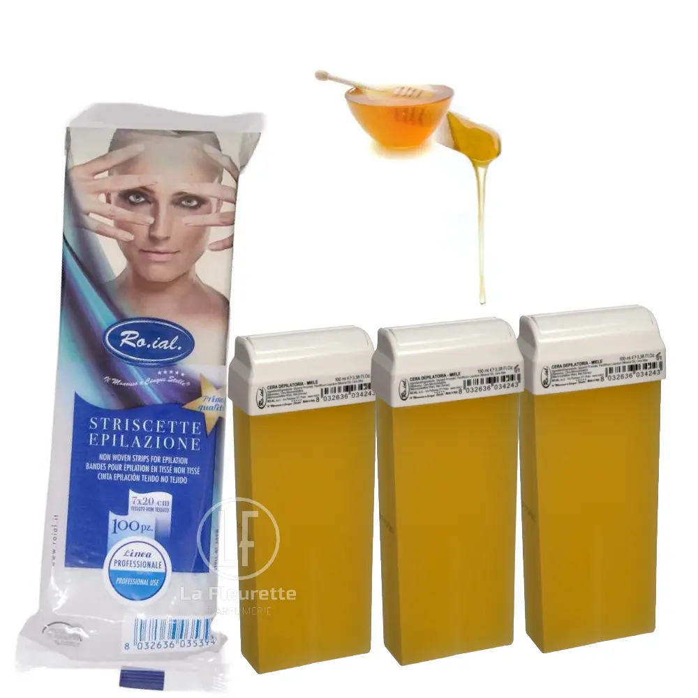Pack d'épilation Ro.ialavec 3 cartouches de cire au miel de 100 ml et 100 bandes non tissées pour épilation.