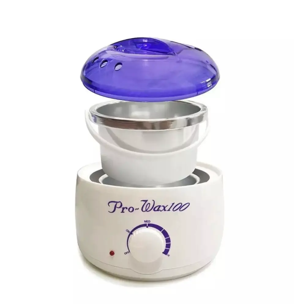 Appareil de chauffage de cire Pro-Wax100 avec couvercle violet transparent, bol en métal amovible et bouton de réglage de la température.