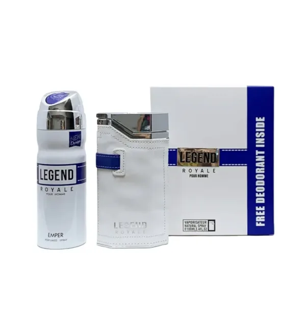 Coffret LEGEND ROYALE pour homme avec déodorant et emballage élégant, promettant luxe et raffinement.