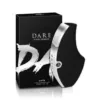 Flacon de parfum DARE pour homme, forme bouclier, noir et argent.