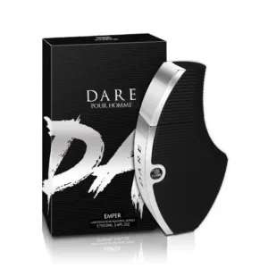 Flacon de parfum DARE pour homme, forme bouclier, noir et argent.