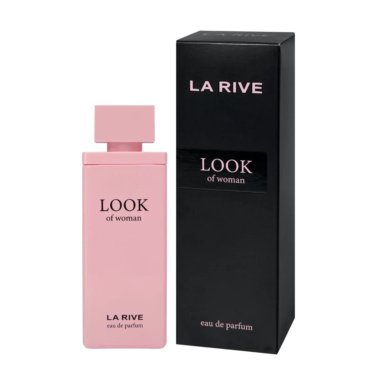 Flacon rose et boîte noire de parfum LA RIVE LOOK of woman, alliant élégance et modernité pour la femme contemporaine.