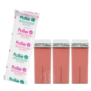 Pack de 3 cartouches de cire rose 100 ml et 100 bandes de papier Pollié pour une épilation professionnelle.