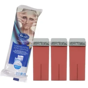 Pack d'épilation Ro.ialavec 3 cartouches de cire rose de 100 ml chacune et 100 bandes non tissées pour épilation.