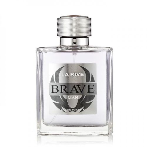 Flacon de parfum transparent ‘LA RIVE BRAVE MAN’, capuchon métallique, étiquette grise et noire.