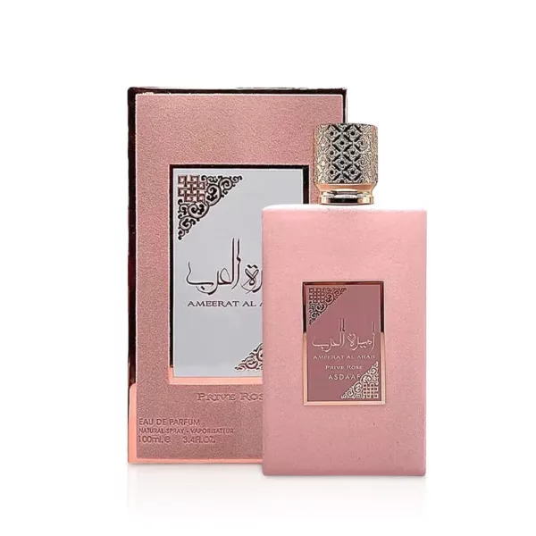 Parfum Ameerat Al Arab Rose pour femme, flacon rose avec bouchon argenté.