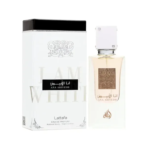 Parfum Latafa Ana Abiyedh 60ml, flacon transparent, emballage blanc avec détails noirs et dorés.