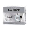 Coffret LA RIVE BRAVE MAN avec parfum et gel douche, design élégant en blanc, argent et noir.