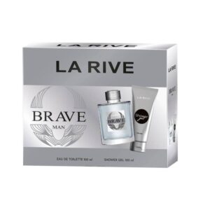 Coffret LA RIVE BRAVE MAN avec parfum et gel douche, design élégant en blanc, argent et noir.