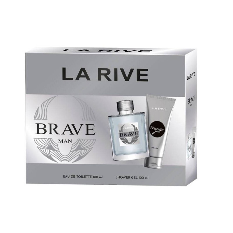 Coffret LA RIVE BRAVE MAN avec parfum et gel douche, design élégant en blanc, argent et noir.