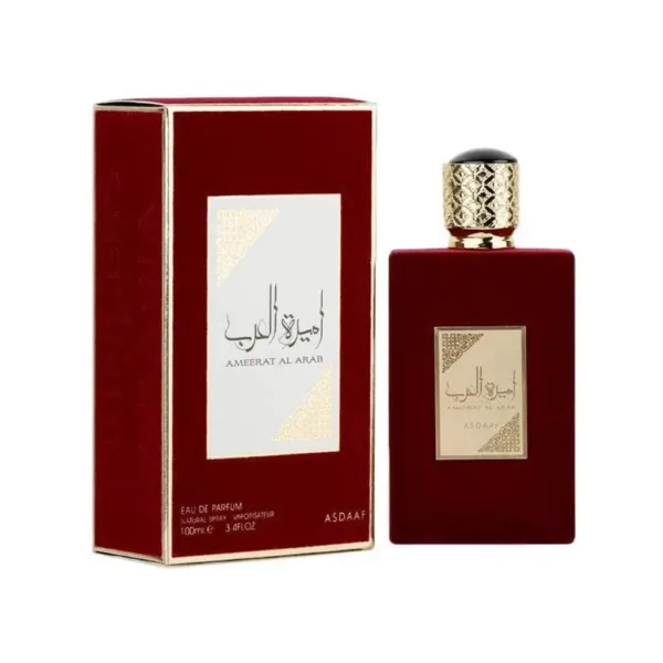 Flacon de parfum Ameerat Al Arab avec emballage rouge et doré, élégant et oriental.