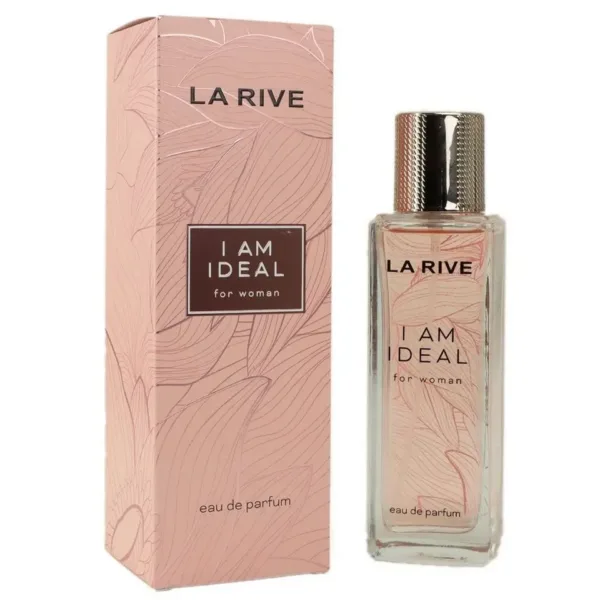 Parfum LA RIVE I’AM IDEAL pour femme, flacon transparent avec liquide rose et emballage rose à motifs.