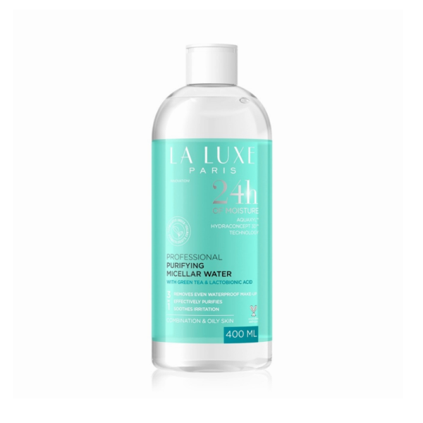 Eau Micellaire La Luxe 24h of Moisture 400 ml, convient aux peaux grasses.