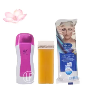 Kit d'épilation avec chauffe-cire rose, cartouche de cire jaune et bandes d'épilation non tissées pour une épilation professionnelle.