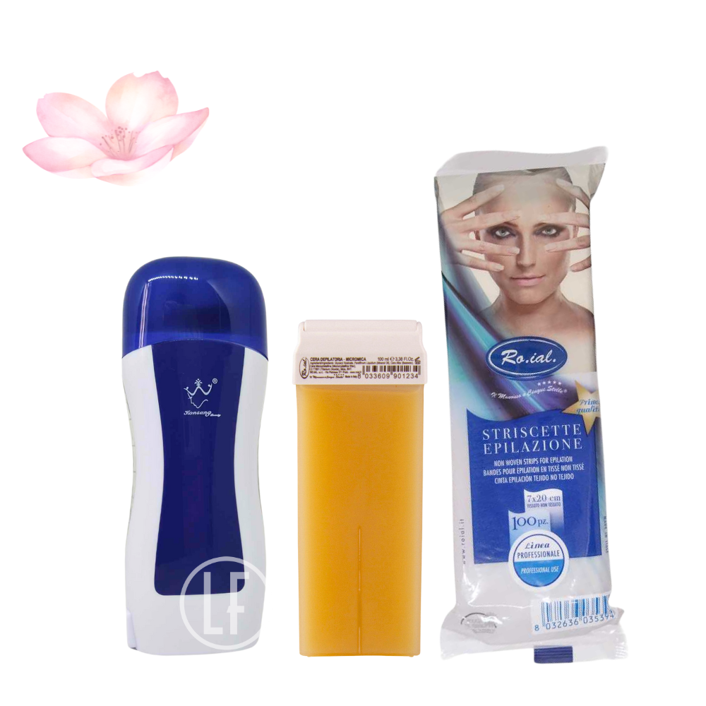 Ce Kit d'épilation Bleu marine est composé de : 1 Chauffe cire Konsung, 1 Paquet de papier de 100 pieces et 1 cartouche miel de la marque Ro.ial.