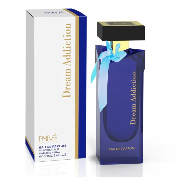 Parfum ‘Dream Addiction’ bleu et or avec ruban, 100ml.