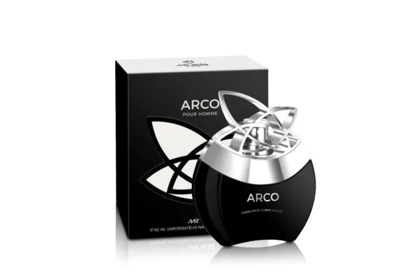 Parfum ARCO homme, flacon noir design atomique, boîte géométrique noire et argentée.