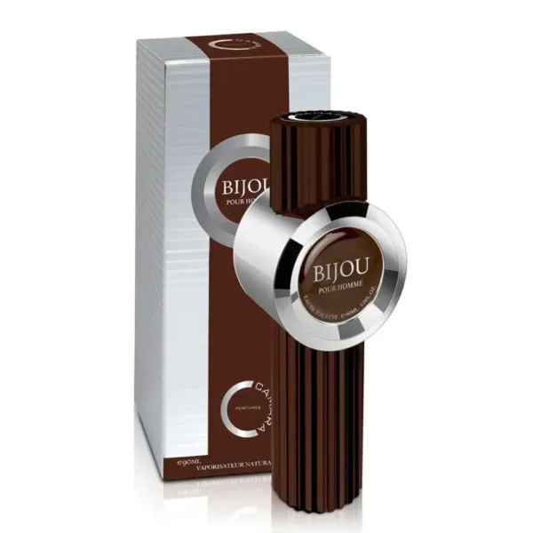 Flacon d’Eau de Parfum Bijou pour homme avec emballage élégant, design cannelé marron foncé et étiquette argentée.